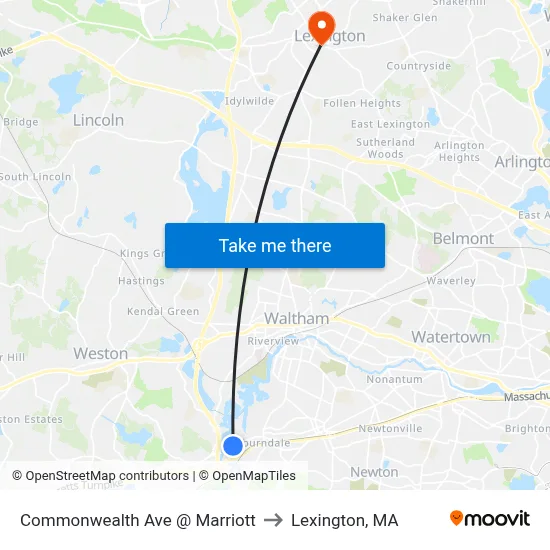 Commonwealth Ave @ Marriott to Lexington, MA map