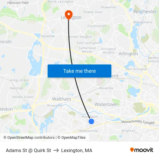 Adams St @ Quirk St to Lexington, MA map