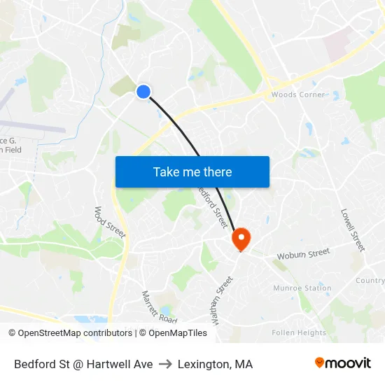 Bedford St @ Hartwell Ave to Lexington, MA map