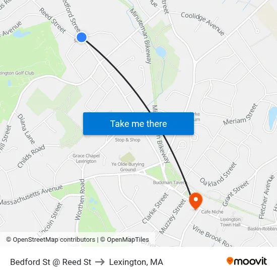 Bedford St @ Reed St to Lexington, MA map