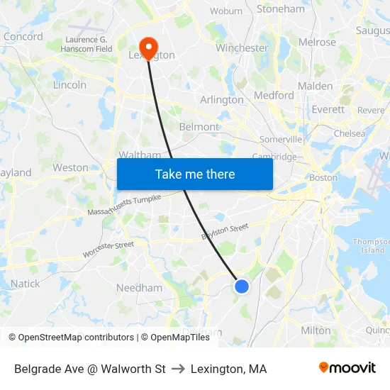 Belgrade Ave @ Walworth St to Lexington, MA map