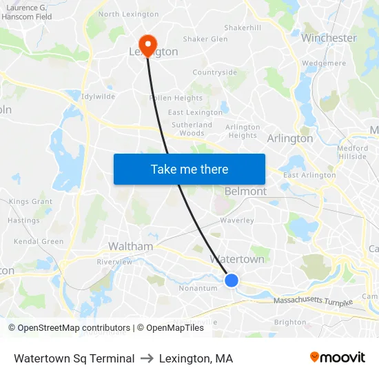 Watertown Sq Terminal to Lexington, MA map