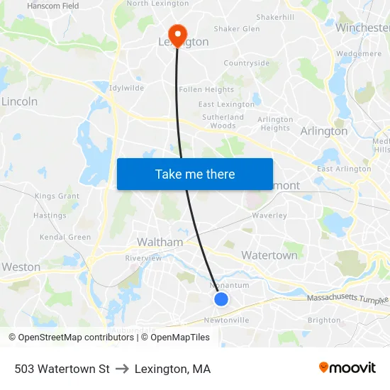 503 Watertown St to Lexington, MA map