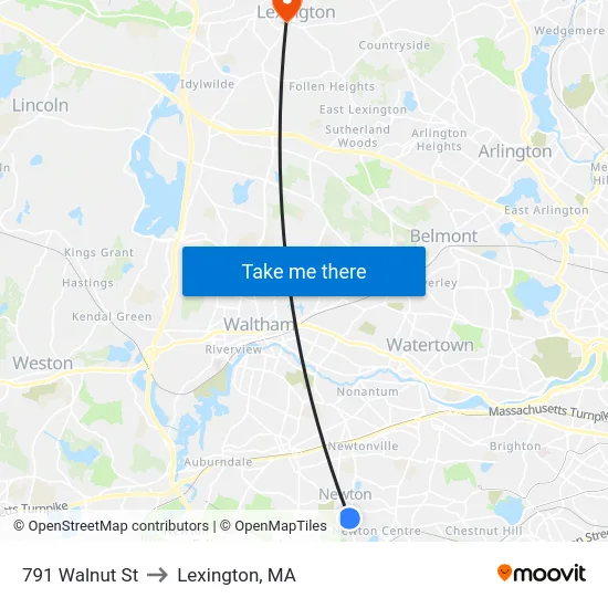 791 Walnut St to Lexington, MA map