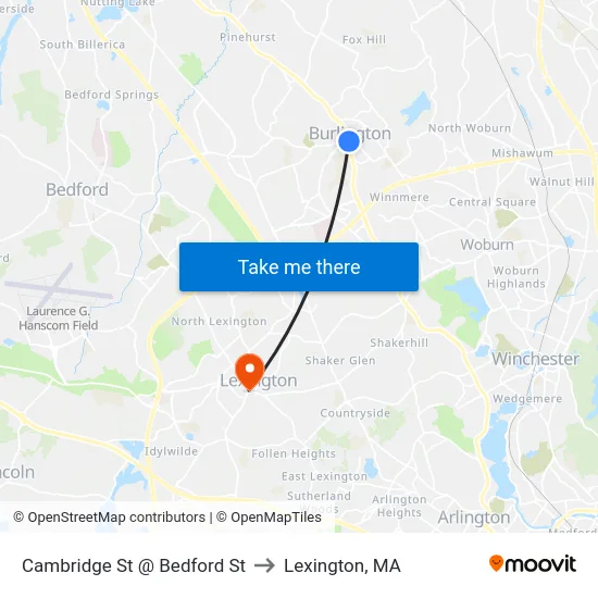 Cambridge St @ Bedford St to Lexington, MA map