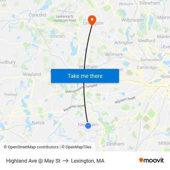 Highland Ave @ May St to Lexington, MA map