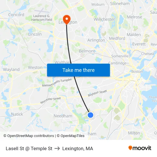 Lasell St @ Temple St to Lexington, MA map