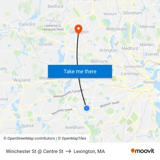 Winchester St @ Centre St to Lexington, MA map
