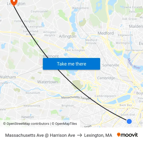 Massachusetts Ave @ Harrison Ave to Lexington, MA map