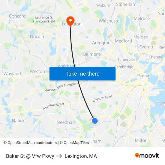 Baker St @ Vfw Pkwy to Lexington, MA map