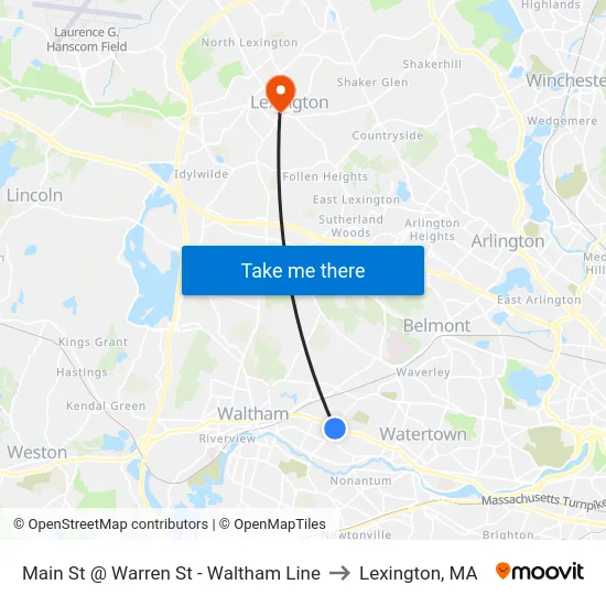 Main St @ Warren St - Waltham Line to Lexington, MA map