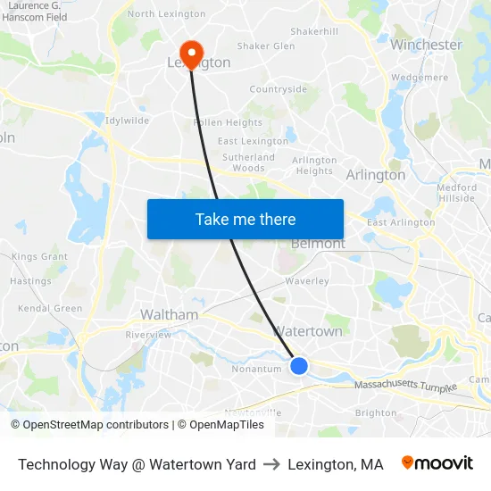 Technology Way @ Watertown Yard to Lexington, MA map