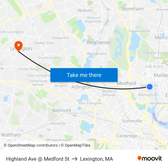 Highland Ave @ Medford St to Lexington, MA map