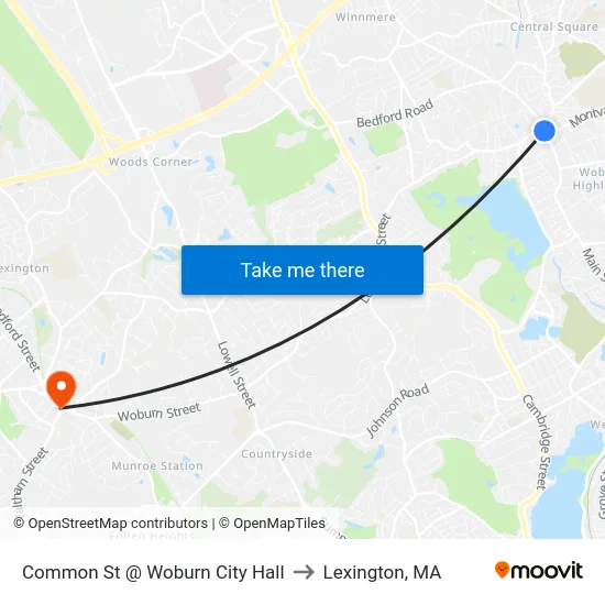 Common St @ Woburn City Hall to Lexington, MA map