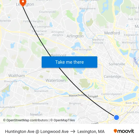 Huntington Ave @ Longwood Ave to Lexington, MA map