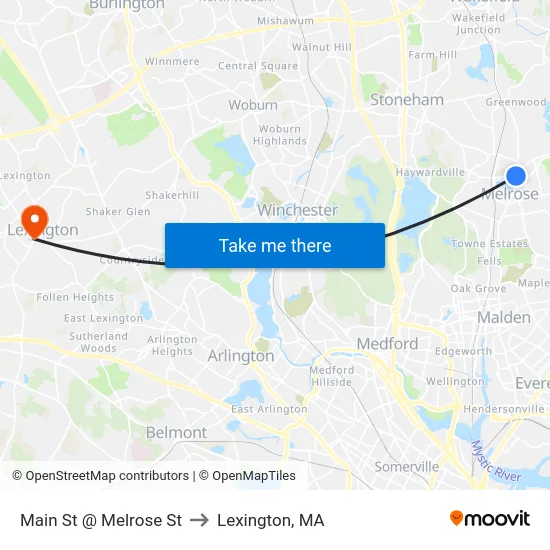 Main St @ Melrose St to Lexington, MA map