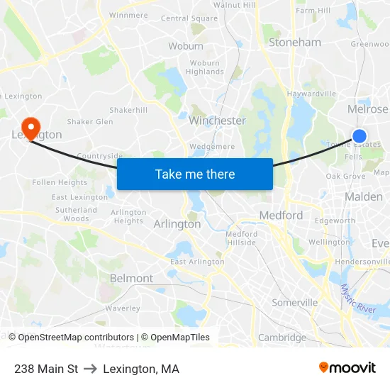 238 Main St to Lexington, MA map