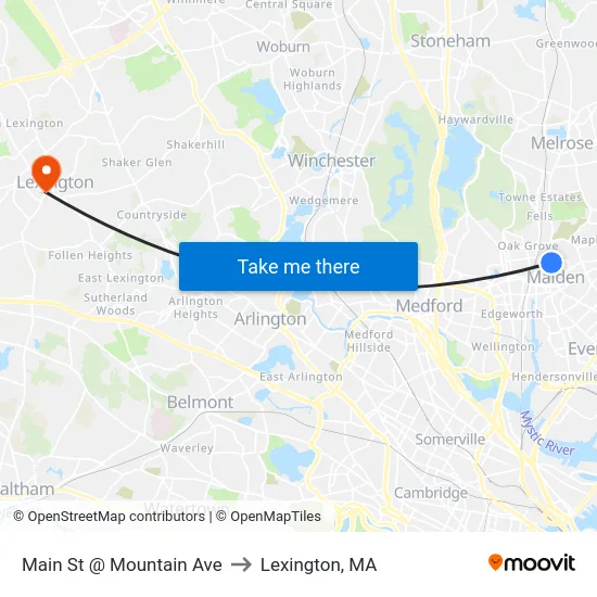 Main St @ Mountain Ave to Lexington, MA map