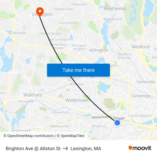 Brighton Ave @ Allston St to Lexington, MA map