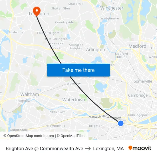 Brighton Ave @ Commonwealth Ave to Lexington, MA map