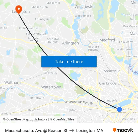 Massachusetts Ave @ Beacon St to Lexington, MA map