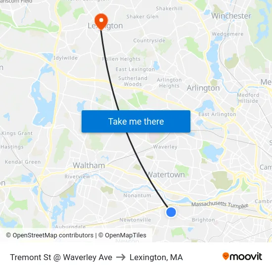 Tremont St @ Waverley Ave to Lexington, MA map
