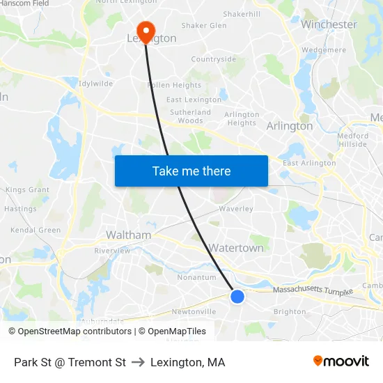 Park St @ Tremont St to Lexington, MA map