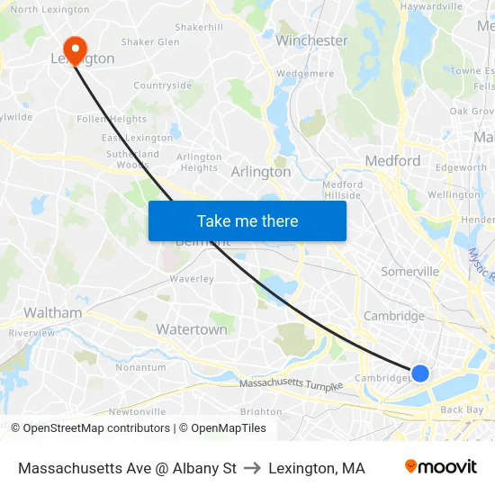 Massachusetts Ave @ Albany St to Lexington, MA map