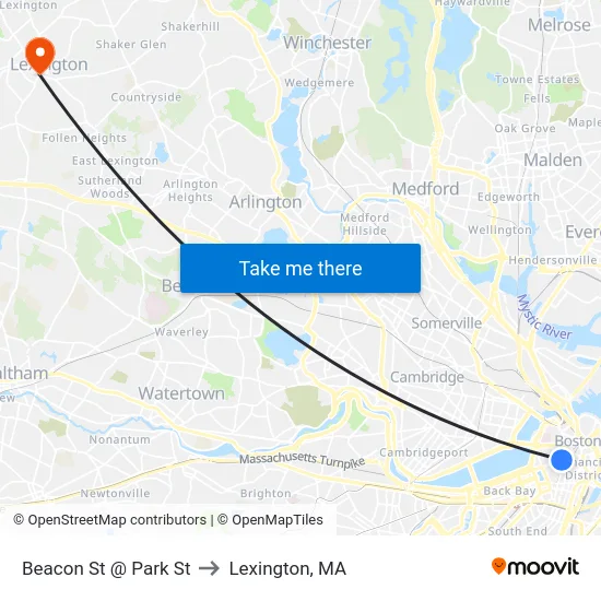 Beacon St @ Park St to Lexington, MA map
