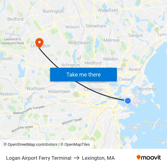 Logan Airport Ferry Terminal to Lexington, MA map