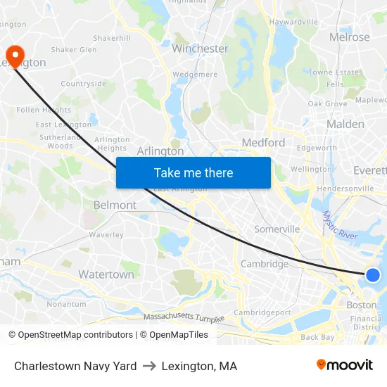 Charlestown Navy Yard to Lexington, MA map