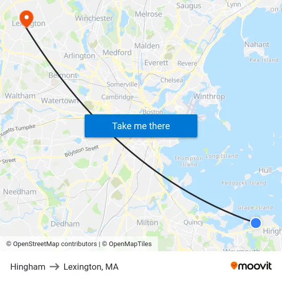 Hingham to Lexington, MA map