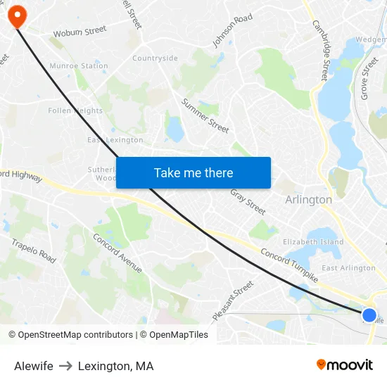 Alewife to Lexington, MA map