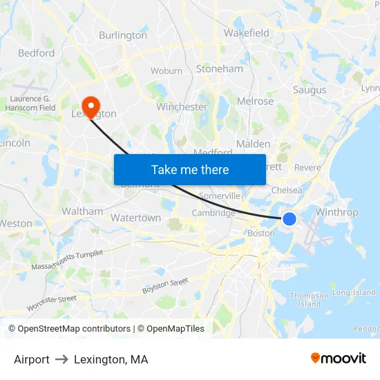 Airport to Lexington, MA map
