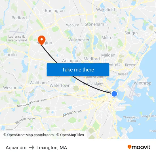 Aquarium to Lexington, MA map
