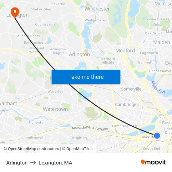 Arlington to Lexington, MA map