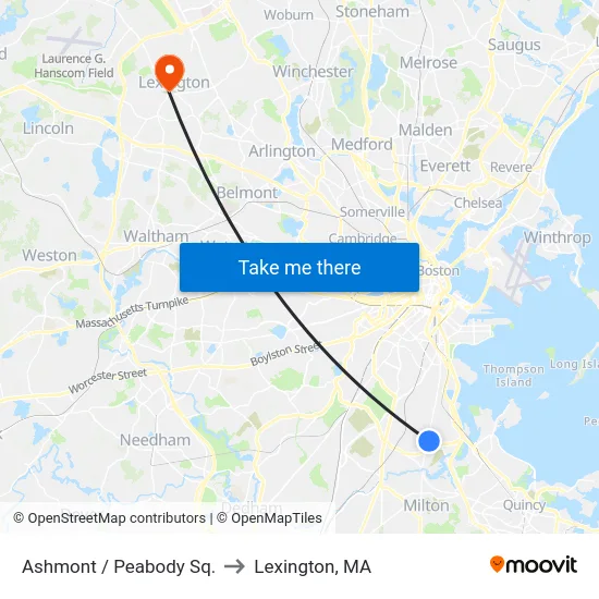 Ashmont / Peabody Sq. to Lexington, MA map