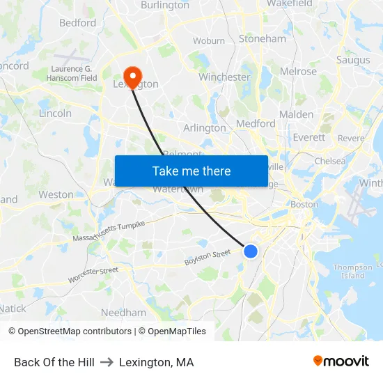 Back Of the Hill to Lexington, MA map