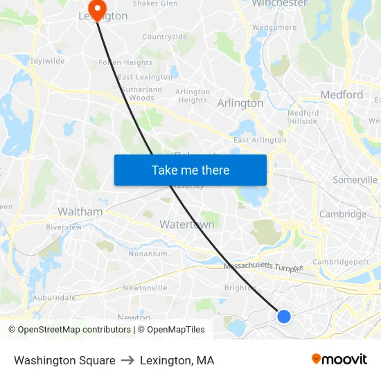 Washington Square to Lexington, MA map