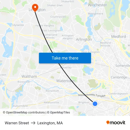 Warren Street to Lexington, MA map