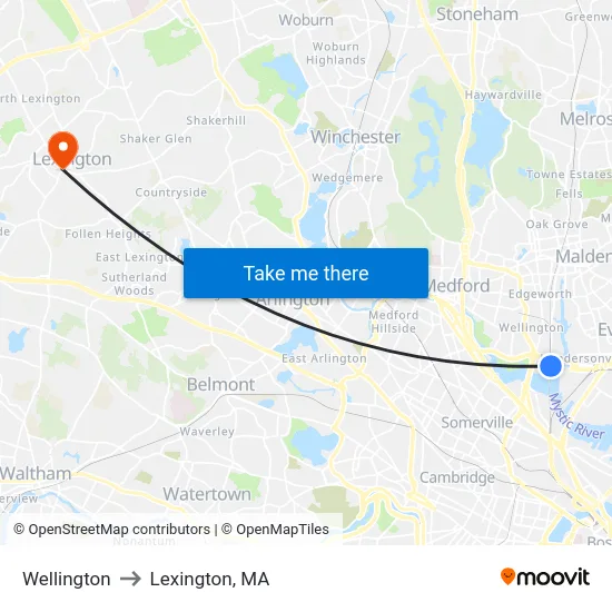 Wellington to Lexington, MA map