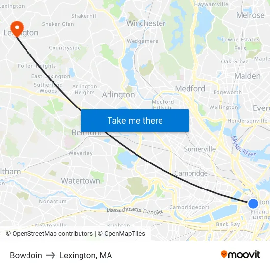 Bowdoin to Lexington, MA map