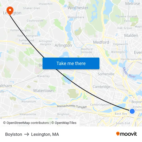 Boylston to Lexington, MA map