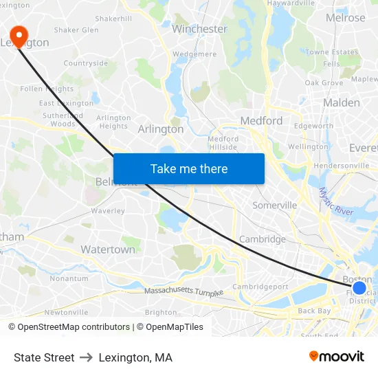 State Street to Lexington, MA map