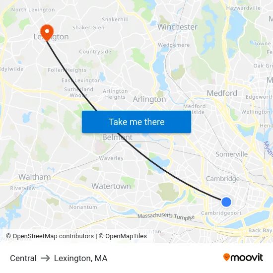 Central to Lexington, MA map
