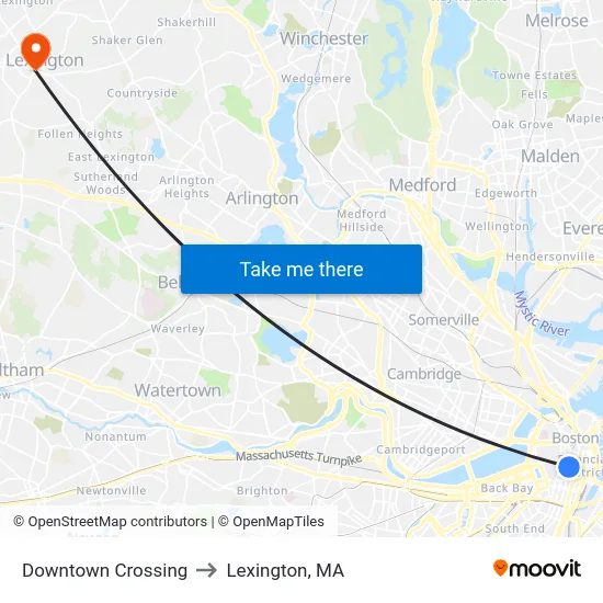 Downtown Crossing to Lexington, MA map