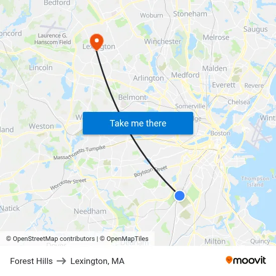 Forest Hills to Lexington, MA map