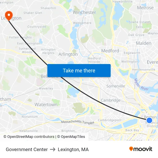 Government Center to Lexington, MA map