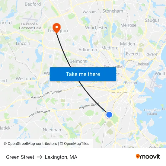 Green Street to Lexington, MA map