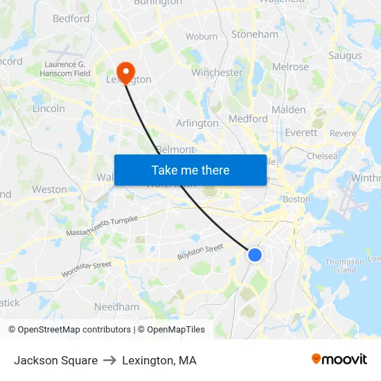 Jackson Square to Lexington, MA map